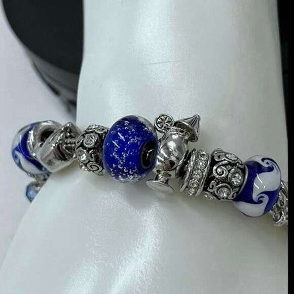 Vacation Cruise‎ Ship Anchor Pina Colada Wine Blue White Euro Charm Bracelet - Picture 2 of 10